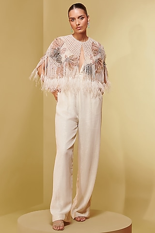 Blush Double Layered Tulle Floral Applique Embroidered Short Cape by Not So Serious By Pallavi Mohan