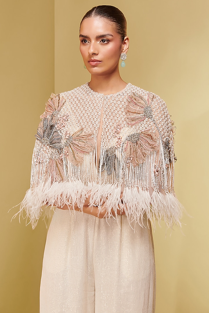 Blush Double Layered Tulle Floral Applique Embroidered Short Cape by Not So Serious By Pallavi Mohan at Pernia's Pop Up Shop