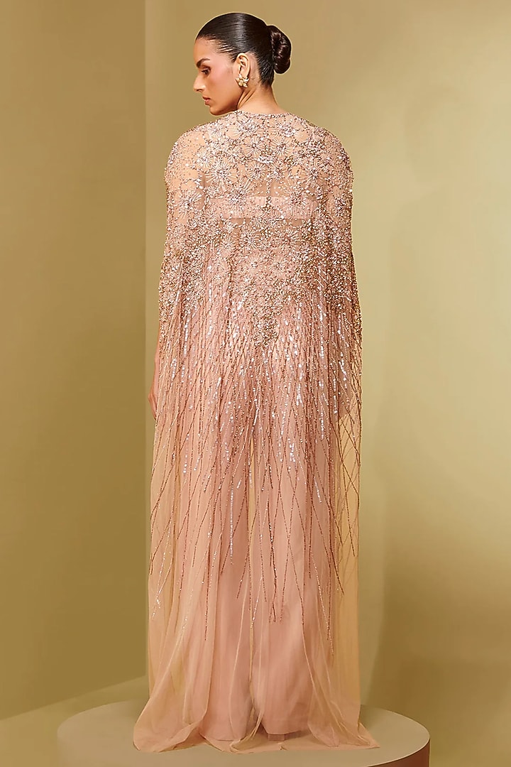 Old Rose Tulle Embroidered Draped Cape by Not So Serious By Pallavi Mohan at Pernia's Pop Up Shop