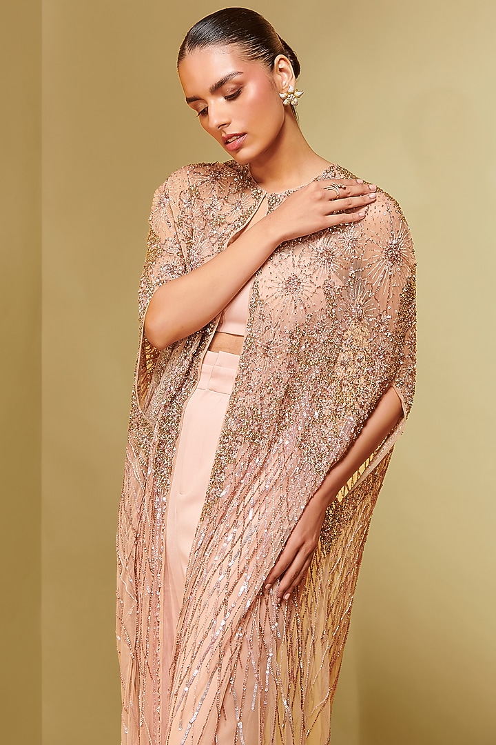 Old Rose Tulle Embroidered Draped Cape by Not So Serious By Pallavi Mohan at Pernia's Pop Up Shop