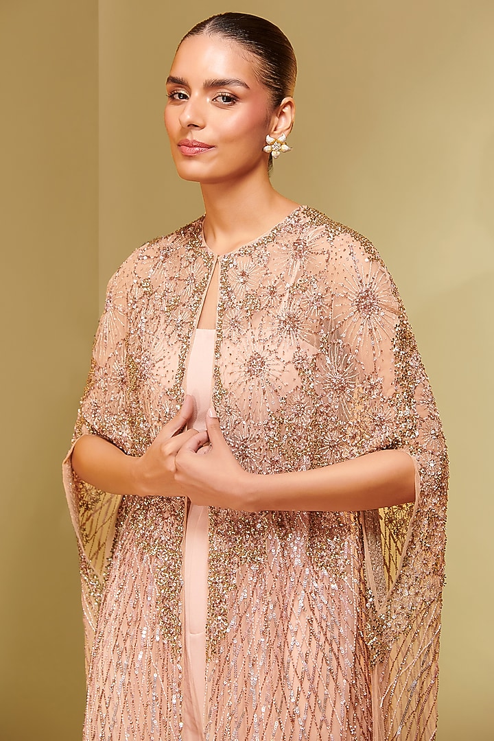 Old Rose Tulle Embroidered Draped Cape by Not So Serious By Pallavi Mohan at Pernia's Pop Up Shop