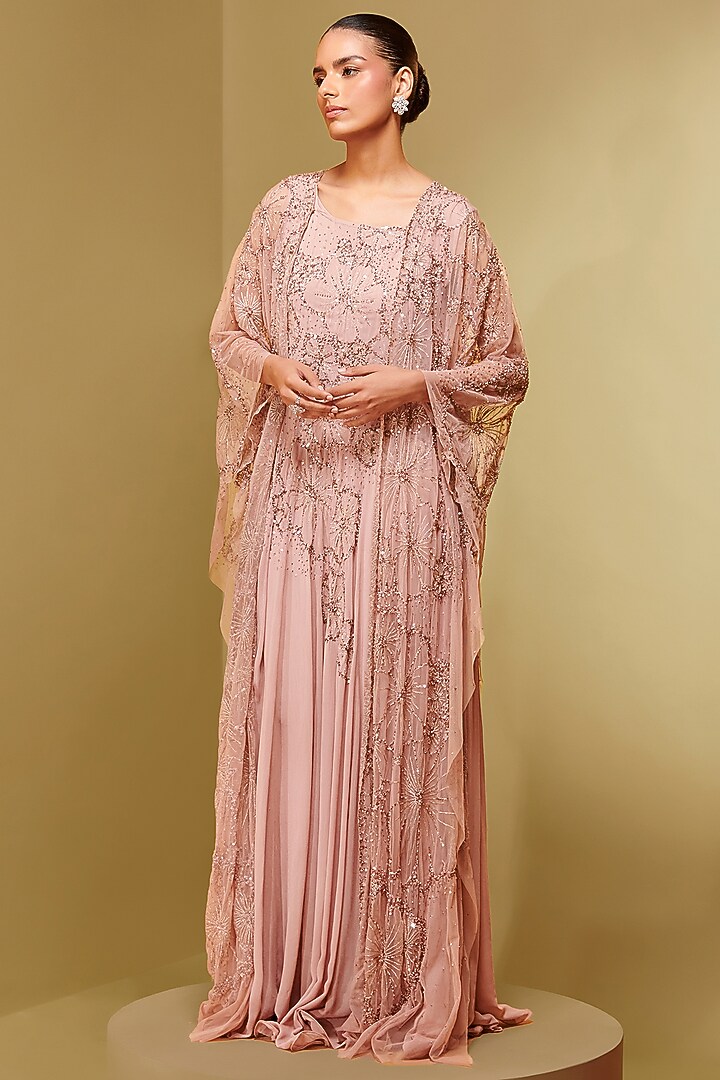 Old Rose Mesh & Georgette Embroidered Kaftan by Not So Serious By Pallavi Mohan at Pernia's Pop Up Shop