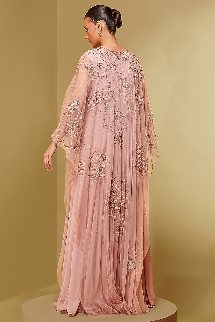 Old Rose Mesh & Georgette Embroidered Kaftan by Not So Serious By Pallavi Mohan at Pernia's Pop Up Shop