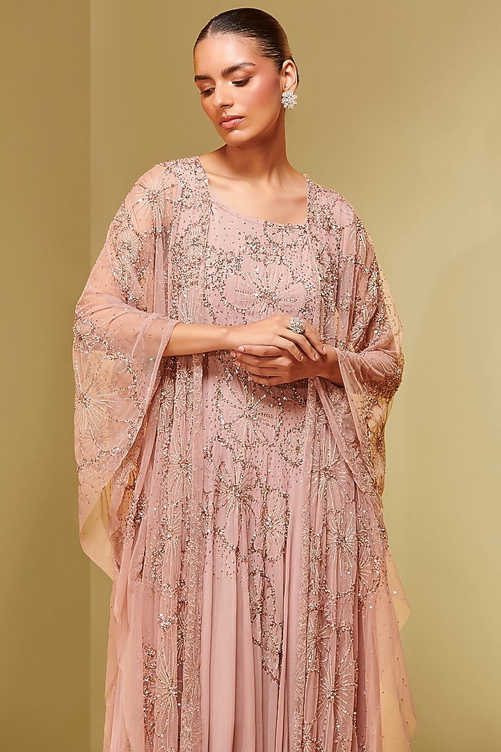 Old Rose Mesh & Georgette Embroidered Kaftan by Not So Serious By Pallavi Mohan at Pernia's Pop Up Shop