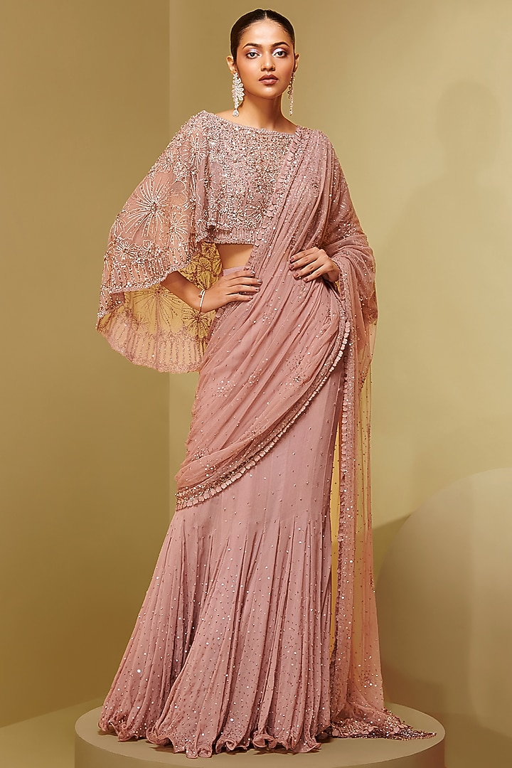 Old Rose Mesh & Georgette Floral Embroidered Draped Bridal Saree Set by Not So Serious By Pallavi Mohan at Pernia's Pop Up Shop