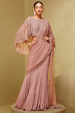 Old Rose Mesh & Georgette Floral Embroidered Draped Saree Set by Not So Serious By Pallavi Mohan