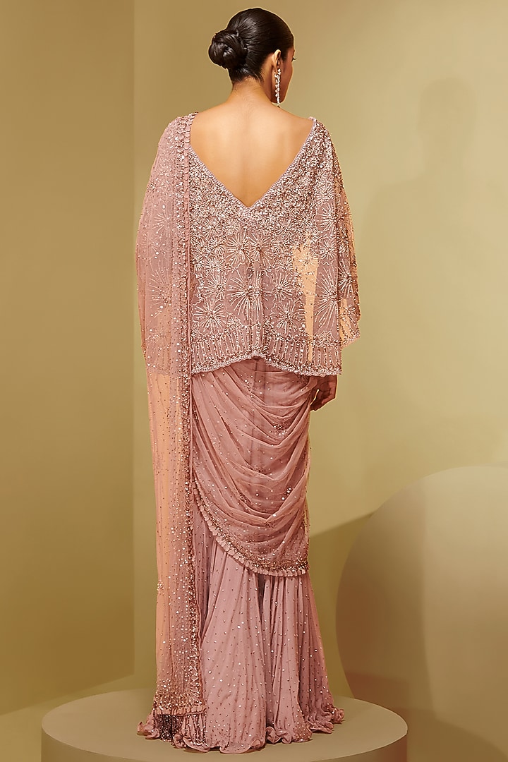 Old Rose Mesh & Georgette Floral Embroidered Draped Bridal Saree Set by Not So Serious By Pallavi Mohan at Pernia's Pop Up Shop