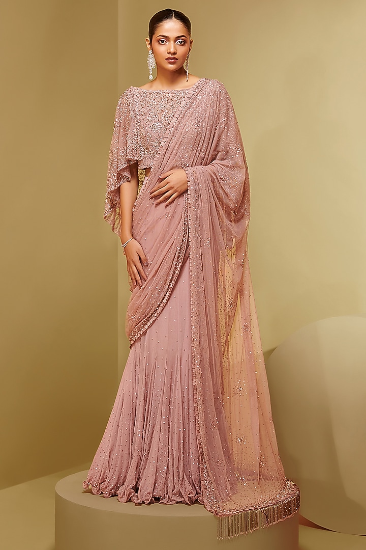 Old Rose Mesh & Georgette Floral Embroidered Draped Bridal Saree Set by Not So Serious By Pallavi Mohan at Pernia's Pop Up Shop