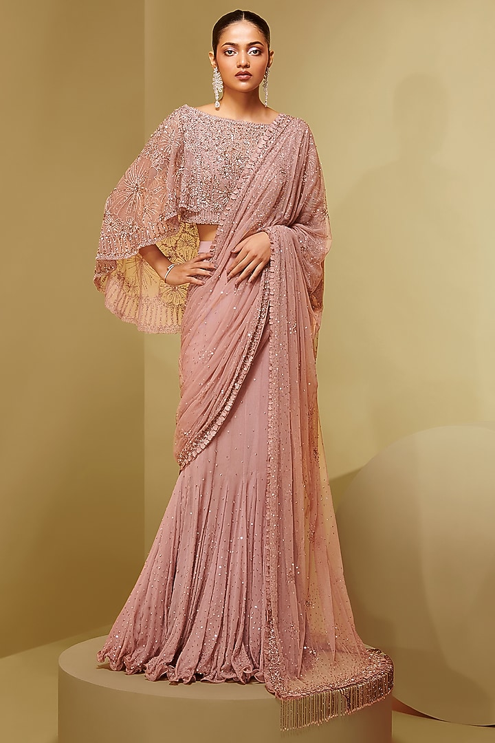 Old Rose Mesh & Georgette Floral Embroidered Draped Bridal Saree Set by Not So Serious By Pallavi Mohan at Pernia's Pop Up Shop