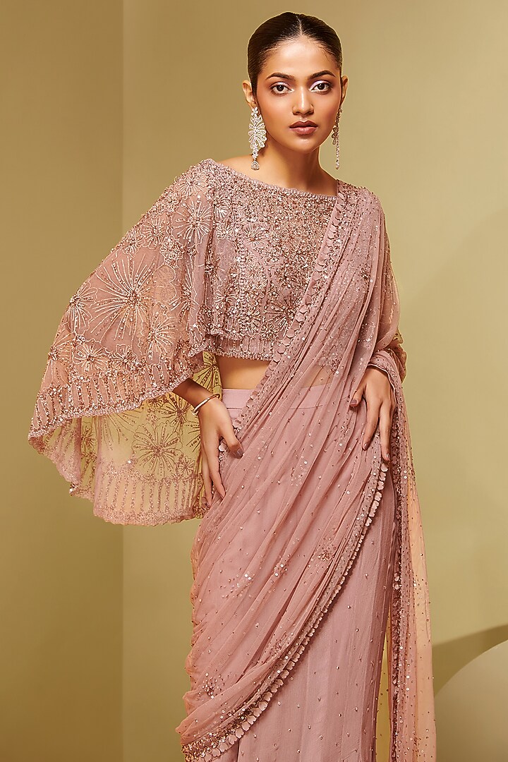 Old Rose Mesh & Georgette Floral Embroidered Draped Bridal Saree Set by Not So Serious By Pallavi Mohan at Pernia's Pop Up Shop