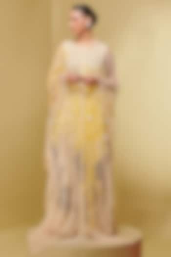 Ivory Tulle & Georgette Flora Applique Embroidered Kaftan by Not So Serious By Pallavi Mohan at Pernia's Pop Up Shop