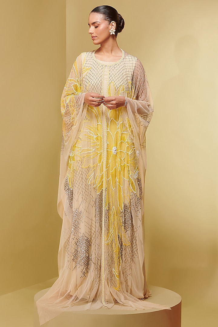 Ivory Tulle & Georgette Flora Applique Embroidered Kaftan by Not So Serious By Pallavi Mohan at Pernia's Pop Up Shop