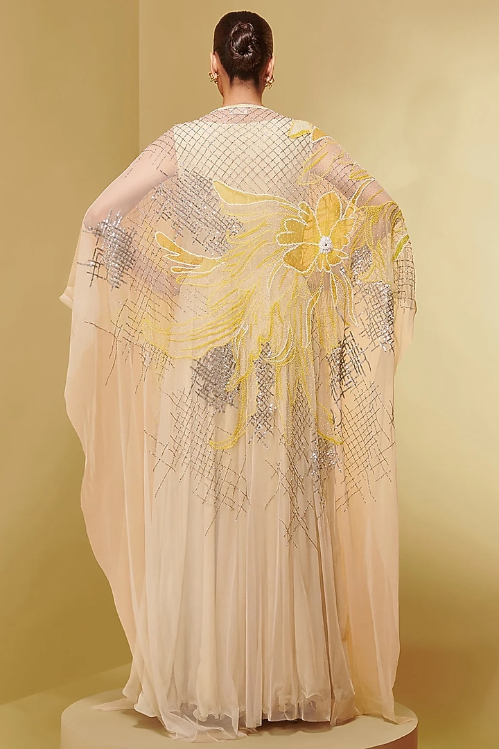 Ivory Tulle & Georgette Flora Applique Embroidered Kaftan by Not So Serious By Pallavi Mohan at Pernia's Pop Up Shop