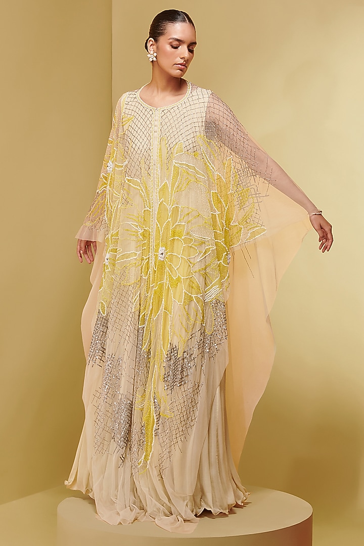 Ivory Tulle & Georgette Flora Applique Embroidered Kaftan by Not So Serious By Pallavi Mohan at Pernia's Pop Up Shop
