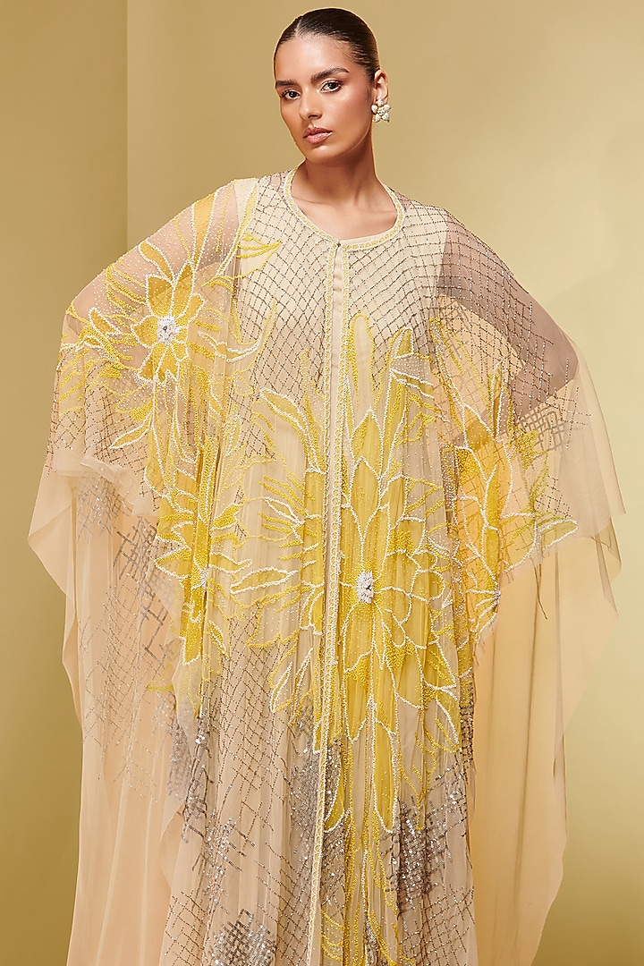 Ivory Tulle & Georgette Flora Applique Embroidered Kaftan by Not So Serious By Pallavi Mohan at Pernia's Pop Up Shop