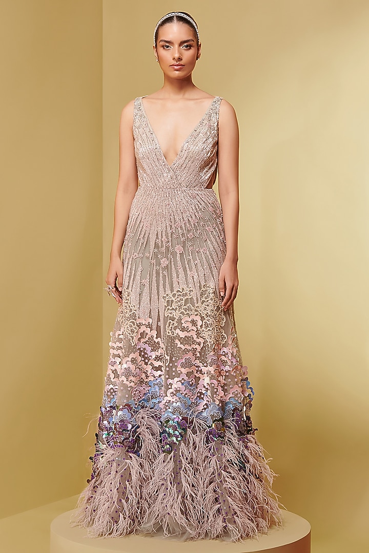 Ivory Viscose Crepe Embroidered Bridal Gown by Not So Serious By Pallavi Mohan at Pernia's Pop Up Shop
