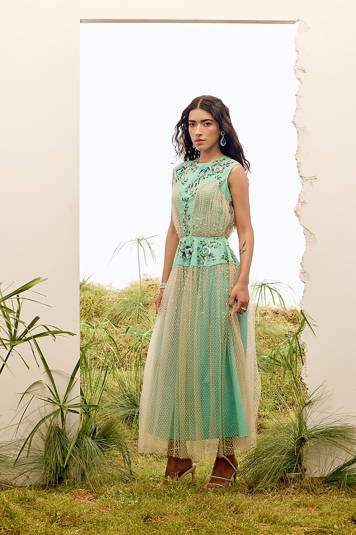 Spearmint Tulle Embroidered Party Wear Dress by Not So Serious By Pallavi Mohan at Pernia's Pop Up Shop