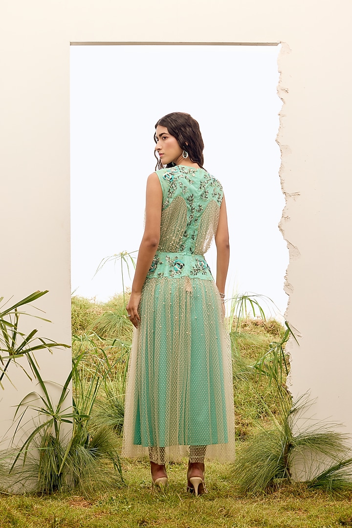 Spearmint Tulle Embroidered Party Wear Dress by Not So Serious By Pallavi Mohan at Pernia's Pop Up Shop