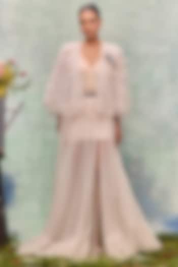 Ivory Tulle Feather Embroidered Cape by Not So Serious By Pallavi Mohan at Pernia's Pop Up Shop