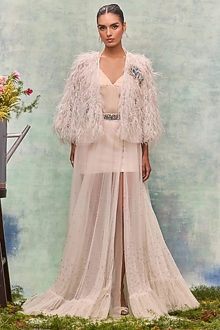 Ivory Tulle Feather Embroidered Cape by Not So Serious By Pallavi Mohan