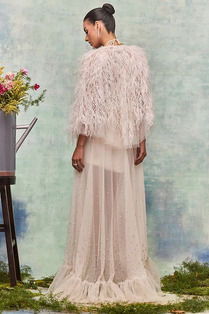 Ivory Tulle Feather Embroidered Cape by Not So Serious By Pallavi Mohan at Pernia's Pop Up Shop