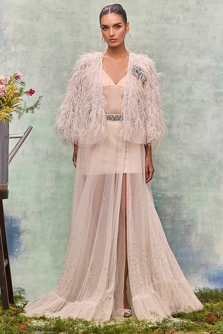 Ivory Tulle Feather Embroidered Cape by Not So Serious By Pallavi Mohan at Pernia's Pop Up Shop