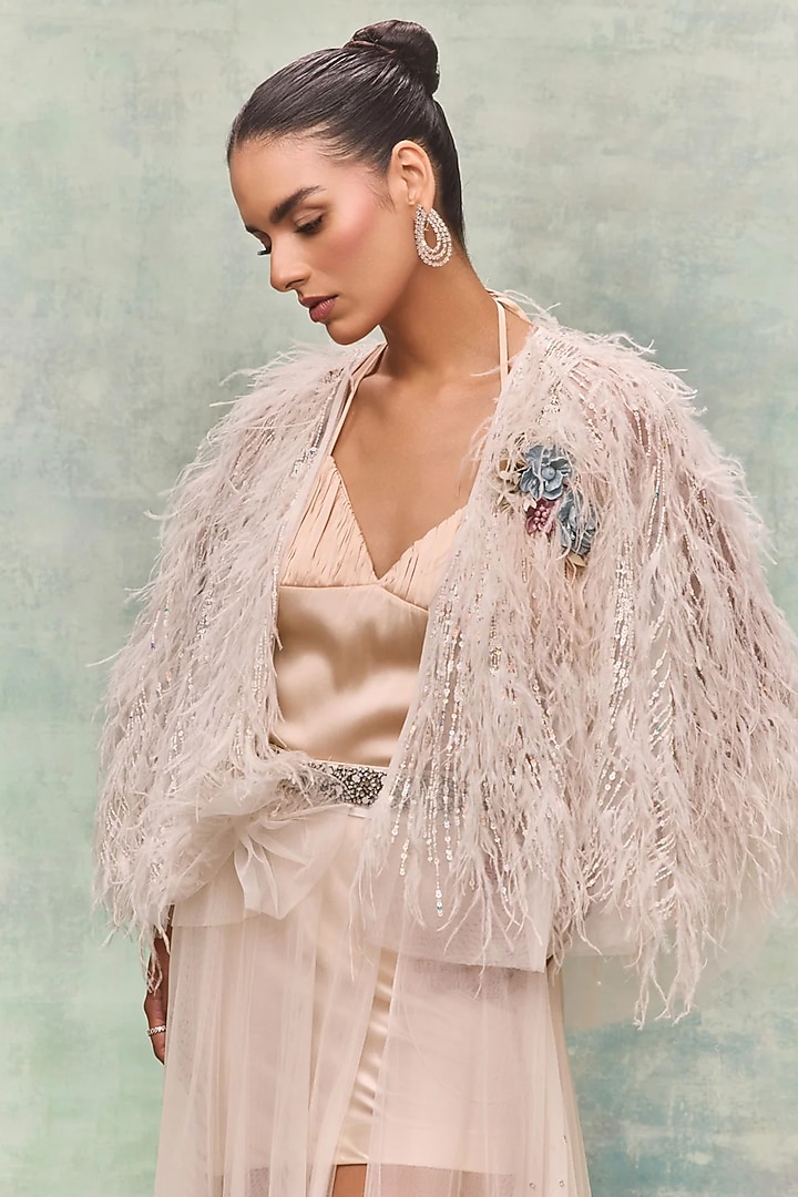 Ivory Tulle Feather Embroidered Cape by Not So Serious By Pallavi Mohan at Pernia's Pop Up Shop
