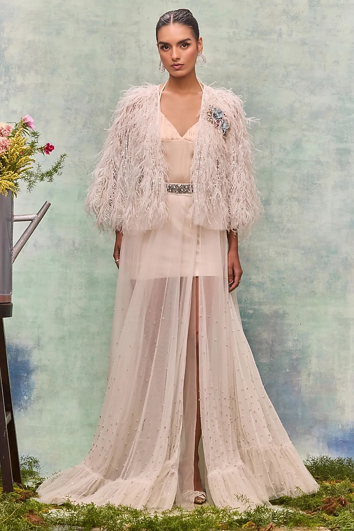 Ivory Tulle & Silk Crepe Wrap Skirt by Not So Serious By Pallavi Mohan at Pernia's Pop Up Shop