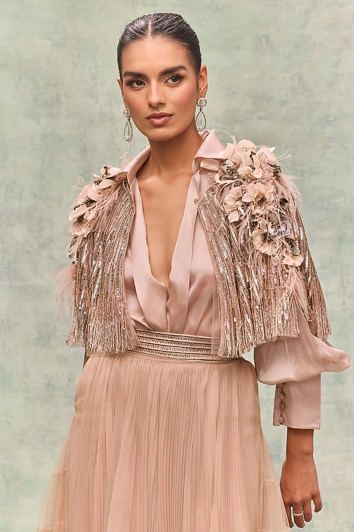 Blush Tulle Floral Motif Embroidered Cape by Not So Serious By Pallavi Mohan at Pernia's Pop Up Shop