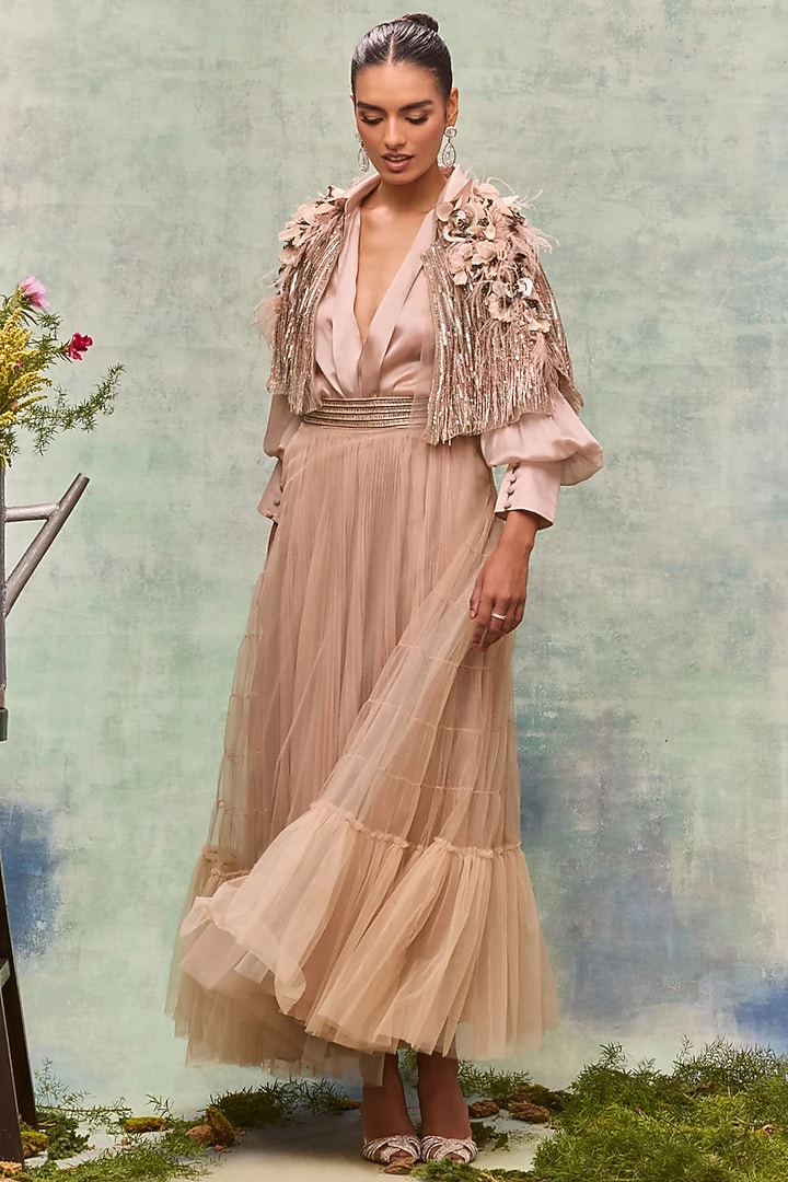 Blush Organza Bodysuit by Not So Serious By Pallavi Mohan at Pernia's Pop Up Shop