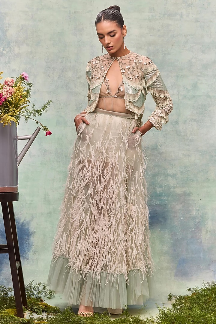 Mint Silk Chiffon Embroidered Jacket by Not So Serious By Pallavi Mohan at Pernia's Pop Up Shop