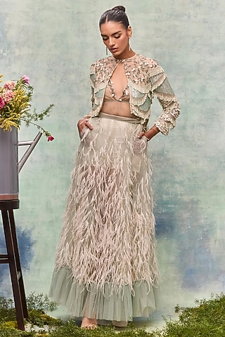 Mint Silk Chiffon Embroidered Jacket by Not So Serious By Pallavi Mohan