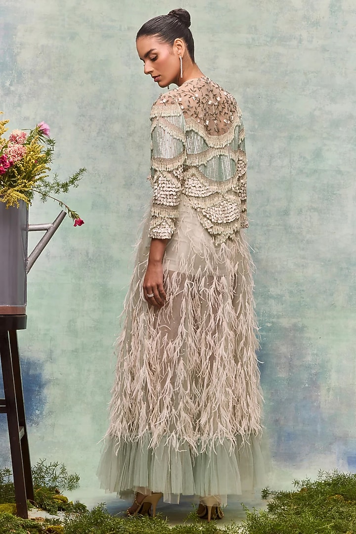 Mint Silk Chiffon Embroidered Jacket by Not So Serious By Pallavi Mohan at Pernia's Pop Up Shop