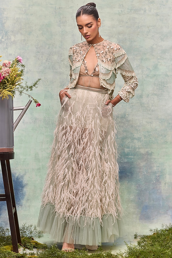 Mint Tulle Pearl Embellished Wrap Skirt by Not So Serious By Pallavi Mohan at Pernia's Pop Up Shop