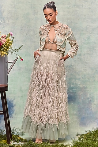Mint Tulle Pearl Embellished Wrap Skirt by Not So Serious By Pallavi Mohan