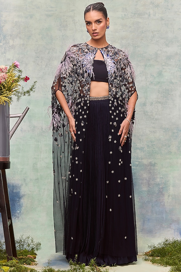 Navy Soft Mesh Flora Motif Embroidered Cape by Not So Serious By Pallavi Mohan at Pernia's Pop Up Shop