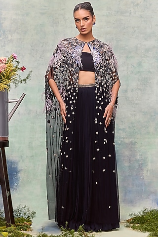 Navy Soft Mesh Flora Motif Embroidered Cape by Not So Serious By Pallavi Mohan