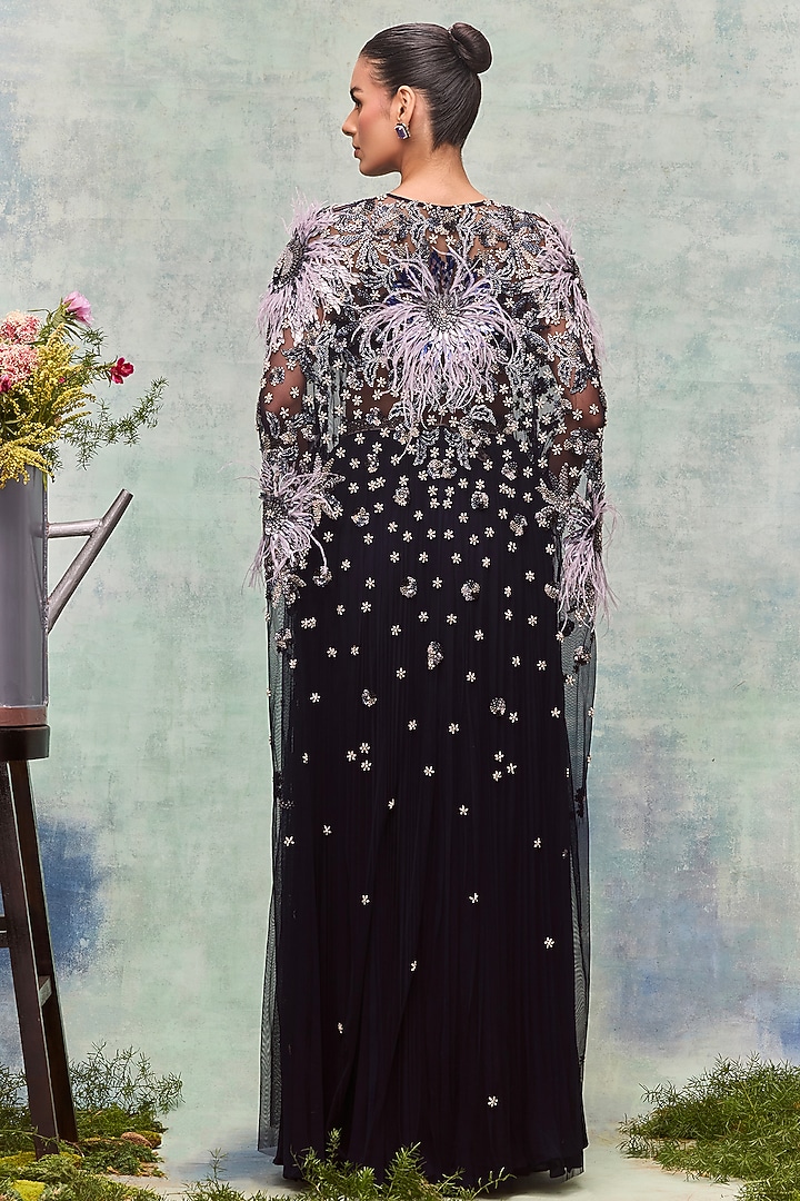 Navy Soft Mesh Flora Motif Embroidered Cape by Not So Serious By Pallavi Mohan at Pernia's Pop Up Shop