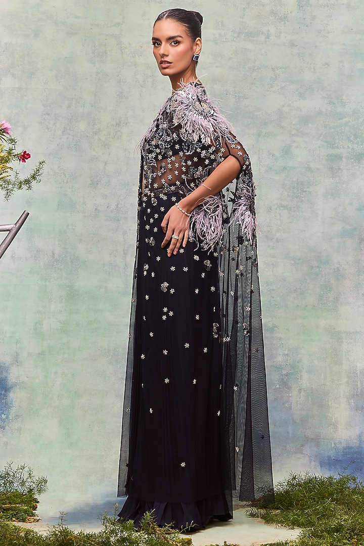 Navy Soft Mesh Flora Motif Embroidered Cape by Not So Serious By Pallavi Mohan at Pernia's Pop Up Shop