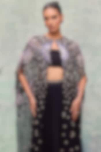Navy Soft Mesh Flora Motif Embroidered Cape by Not So Serious By Pallavi Mohan at Pernia's Pop Up Shop