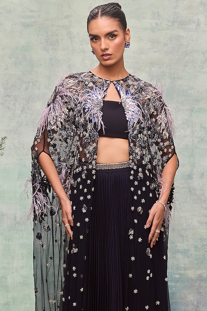 Navy Soft Mesh Flora Motif Embroidered Cape by Not So Serious By Pallavi Mohan at Pernia's Pop Up Shop