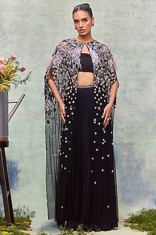 Navy Viscose Pleated Skirt by Not So Serious By Pallavi Mohan