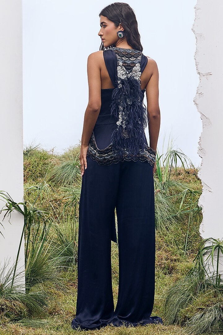 Navy Silk Crepe Embroidered Vest by Not So Serious By Pallavi Mohan at Pernia's Pop Up Shop