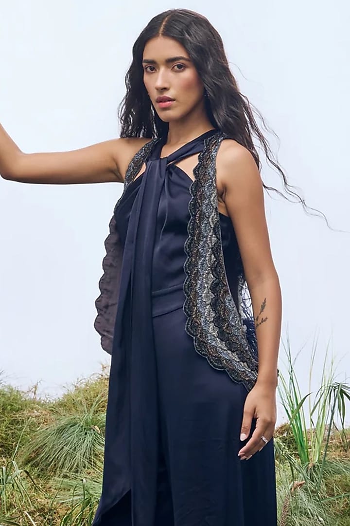 Navy Silk Crepe Embroidered Vest by Not So Serious By Pallavi Mohan at Pernia's Pop Up Shop