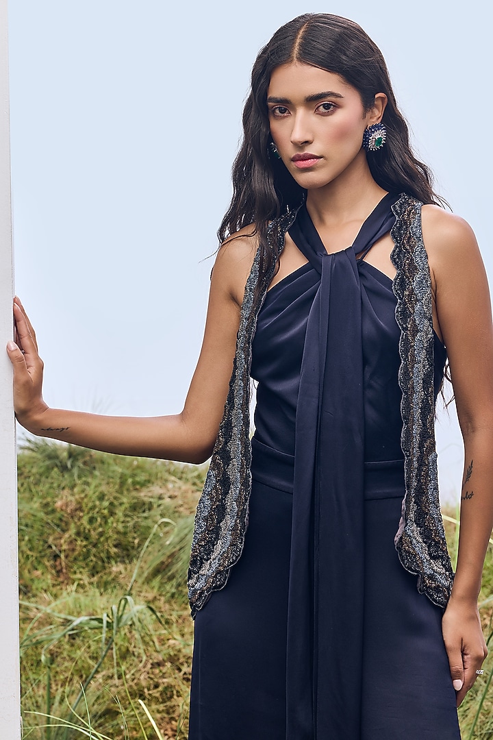 Navy Silk Crepe Embroidered Vest by Not So Serious By Pallavi Mohan at Pernia's Pop Up Shop