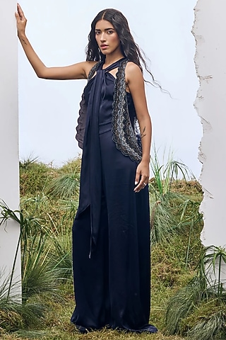 Navy Silk Crepe Jumpsuit by Not So Serious By Pallavi Mohan