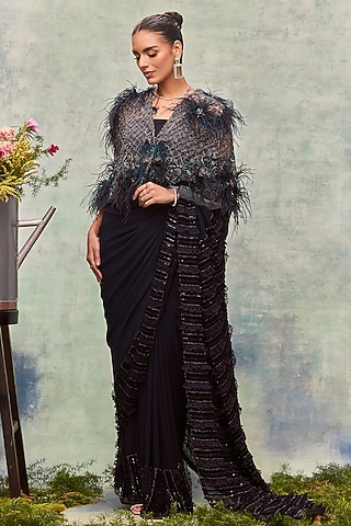 Navy Tulle Embroidered Cape by Not So Serious By Pallavi Mohan