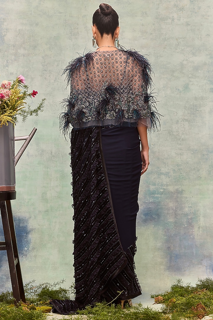 Navy Tulle Embroidered Cape by Not So Serious By Pallavi Mohan at Pernia's Pop Up Shop