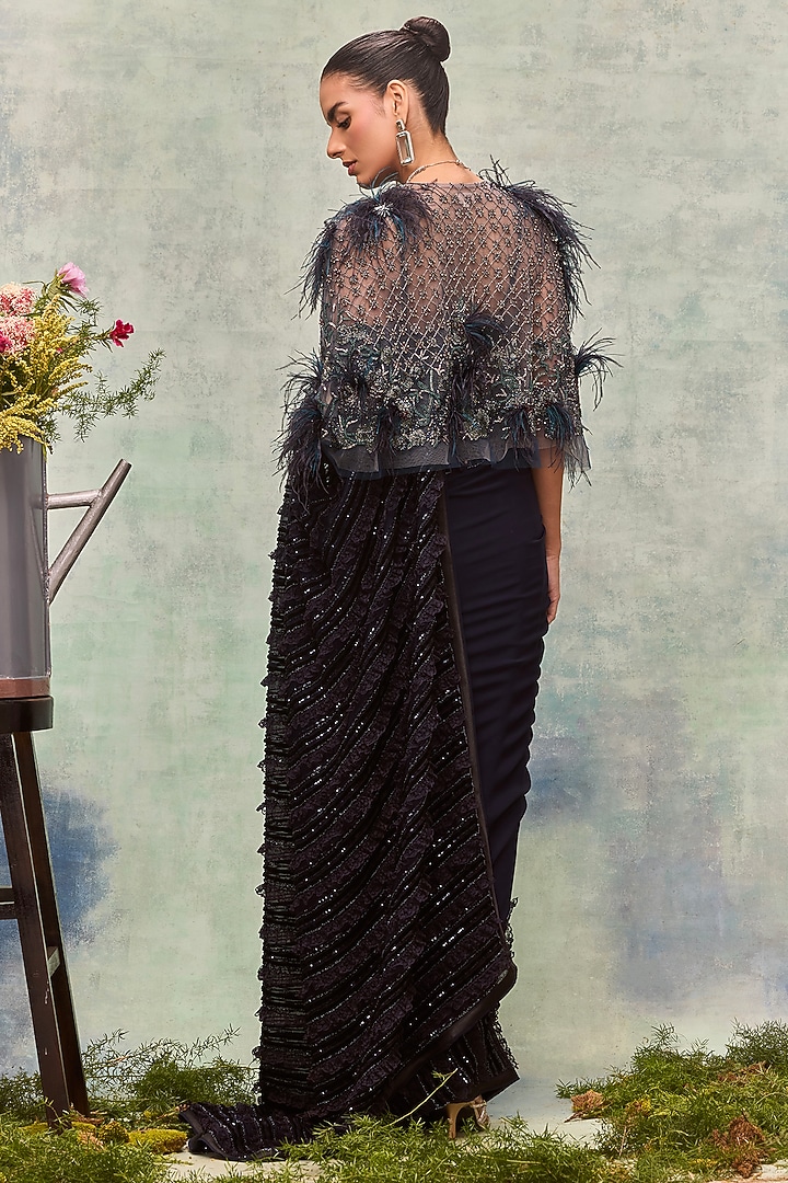Navy Tulle Embroidered Cape by Not So Serious By Pallavi Mohan at Pernia's Pop Up Shop