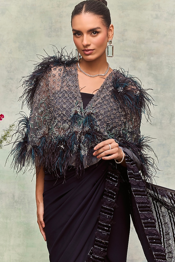 Navy Tulle Embroidered Cape by Not So Serious By Pallavi Mohan at Pernia's Pop Up Shop